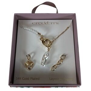 City by City 14K Gold Plated Layering Charms Necklace Set Pearl Heart Infinity